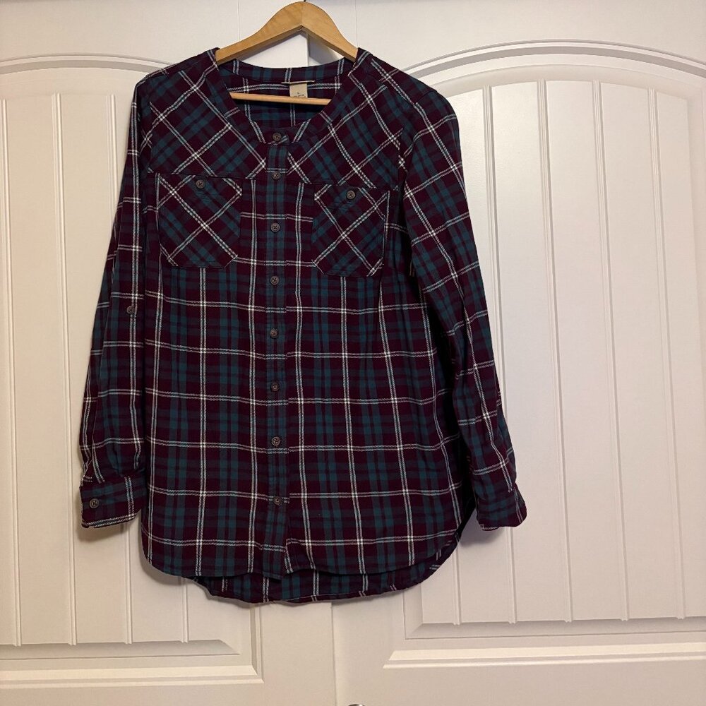 Duluth Trading Company Free Swinging Flannel Shirt Large Purple Green Plaid